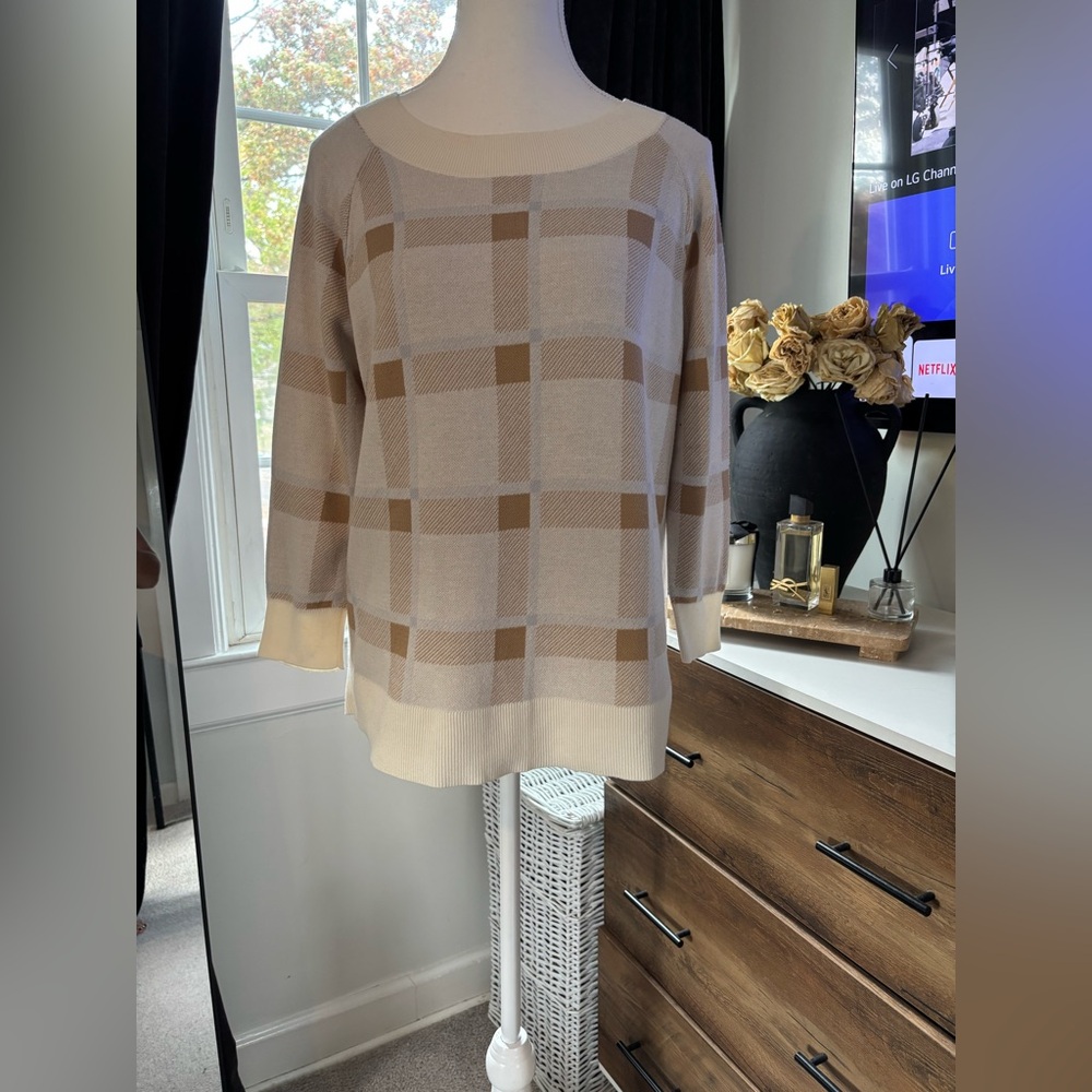 LOFT Plaid Crew Neck Sweater - Cream and Brown